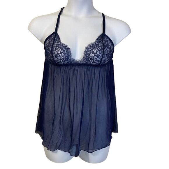 Victoria's Secret Dark Navy Blue Mesh Lace Nightie Babydoll Chemise Sz L - Picture 1 of 8